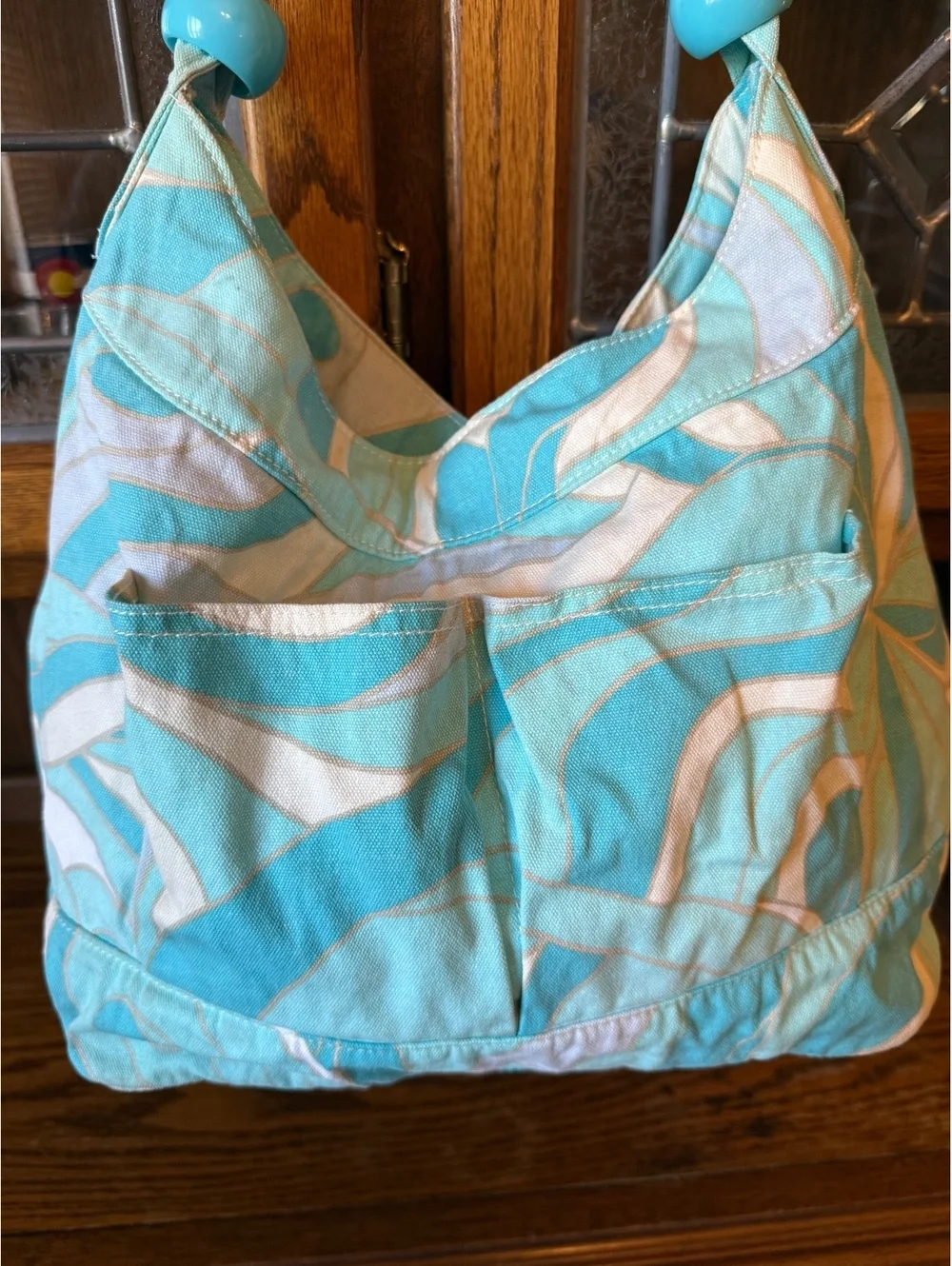 Vintage Y2K Mossimo Target Blue Abstract Print Canvas Hobo Bag Beaded Straps